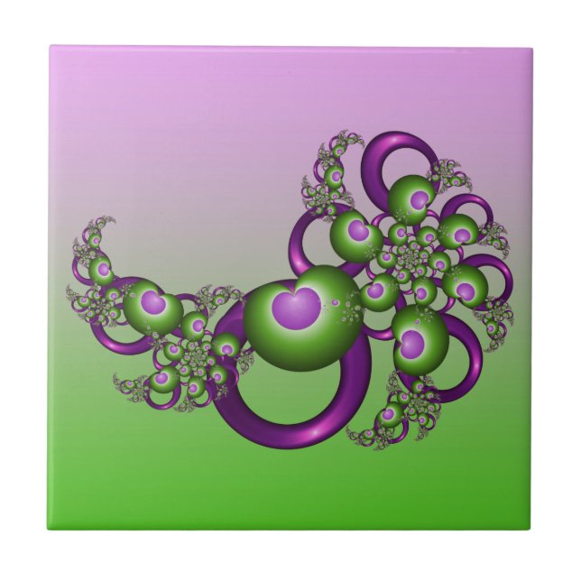 Lovely Pink Green Hearts Modern Abstract Fractal Ceramic Tile (Front)