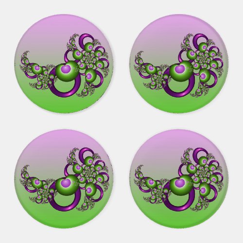 Lovely Pink Green Hearts Modern Abstract Fractal Coaster Set