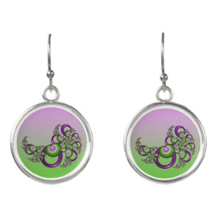 Lovely Pink Green Hearts Modern Abstract Fractal Earrings