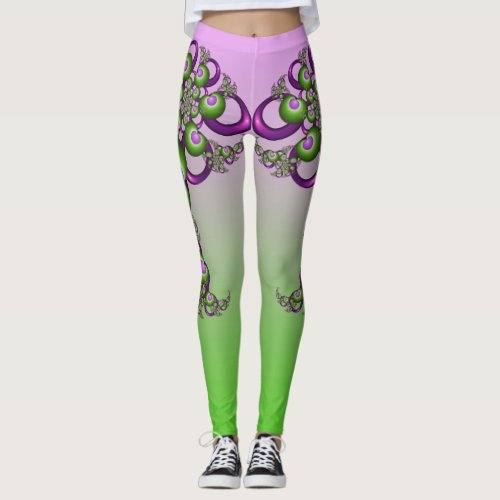 Lovely Pink Green Hearts Modern Abstract Fractal Leggings