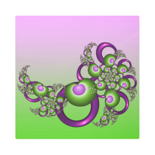 Lovely Pink Green Hearts Modern Abstract Fractal Metal Print