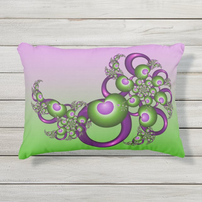 Lovely Pink Green Hearts Modern Abstract Fractal Outdoor Pillow (Front)
