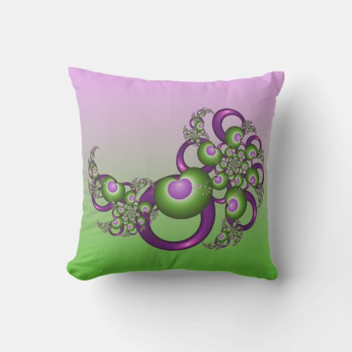 Lovely Pink Green Hearts Modern Abstract Fractal Outdoor Pillow