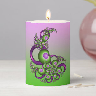 Lovely Pink Green Hearts Modern Abstract Fractal Pillar Candle