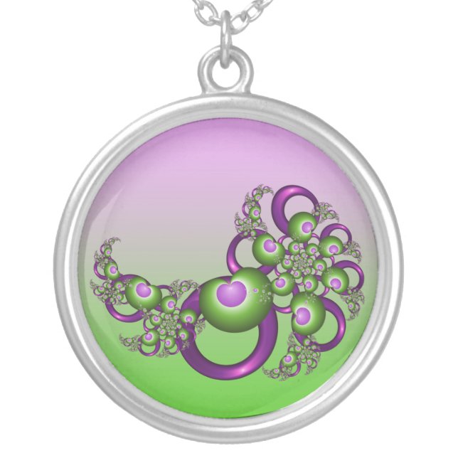 Lovely Pink Green Hearts Modern Abstract Fractal Silver Plated Necklace (Front)