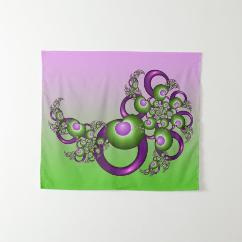 Lovely Pink Green Hearts Modern Abstract Fractal Tapestry