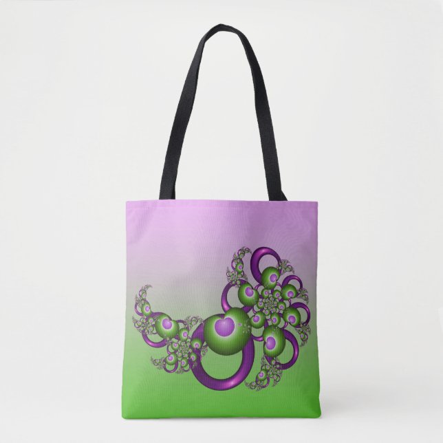 Lovely Pink Green Hearts Modern Abstract Fractal Tote Bag (Front)