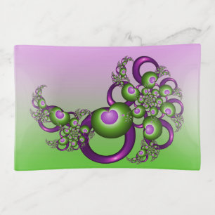 Lovely Pink Green Hearts Modern Abstract Fractal Trinket Tray