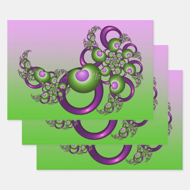 Lovely Pink Green Hearts Modern Abstract Fractal Wrapping Paper Sheets (Set)