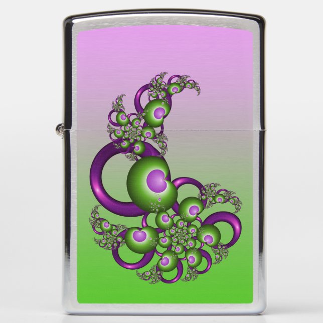 Lovely Pink Green Hearts Modern Abstract Fractal Zippo Lighter (Front)