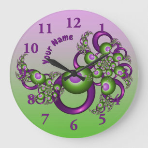 Lovely Pink Green Hearts Modern Fractal Name Large Clock