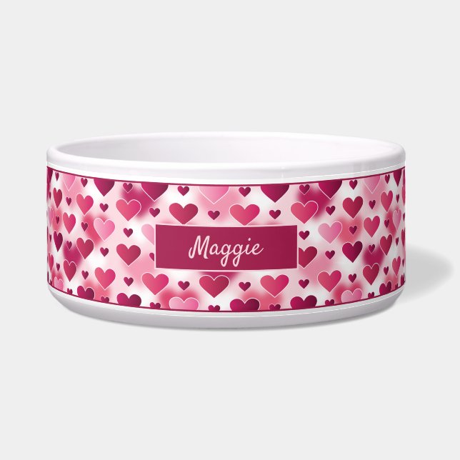 Lovely Pink Hearts Pattern With Custom Name Bowl (Front)