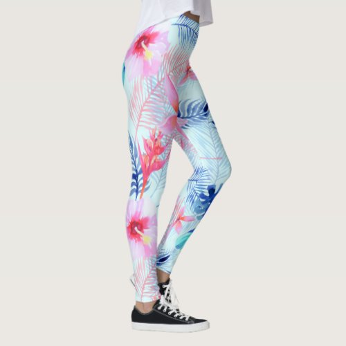 Lovely Pink Hibiscus Tropical Floral Pattern  Leggings
