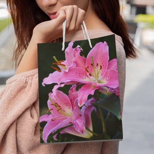 Lovely Pink Lily Blooms Floral Medium Gift Bag