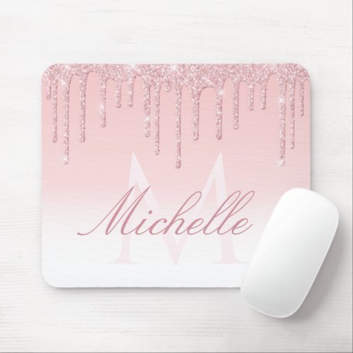 lovely pink monogram glitter drip mouse pad