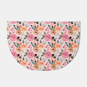 Lovely Pink, Orange Tan Floral Half Moon Kitchen Doormat