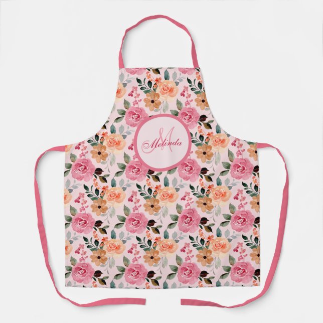 Lovely Pink, Orange Tan Floral Monogrammed Apron (Front)