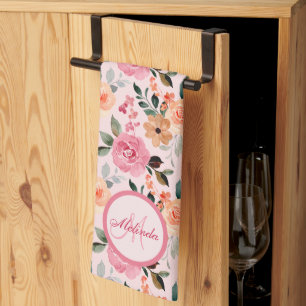 Lovely Pink, Orange Tan Floral Monogrammed Kitchen Towel