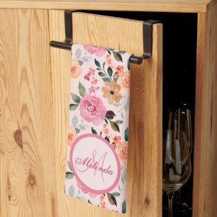 Lovely Pink, Orange Tan Floral Monogrammed Kitchen Towel