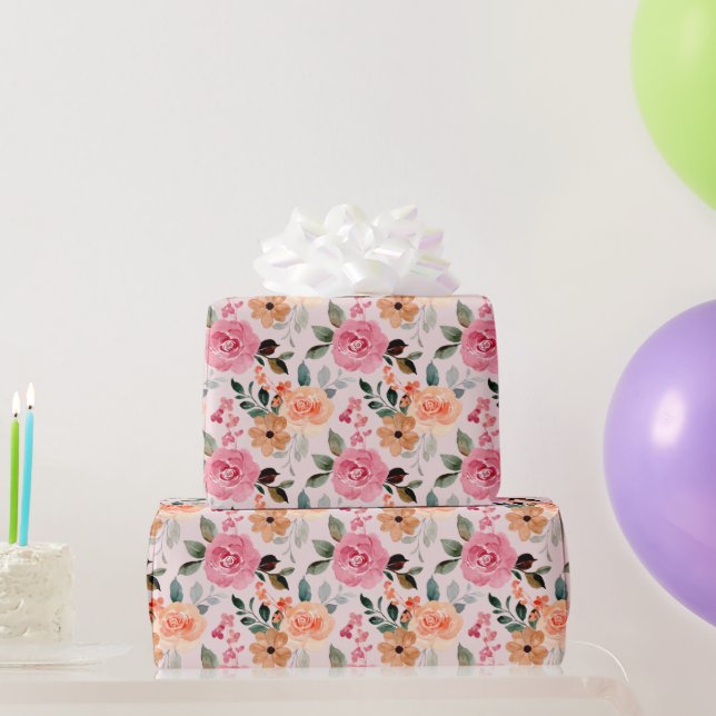 Lovely Pink Orange & Tan Flowers Roses Botanicals Wrapping Paper (Party Gifts)