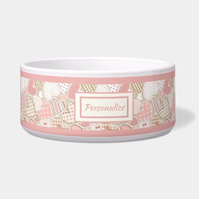 Lovely Pink Patchwork Quilt Heart Pattern Cat Dog Bowl (Front)
