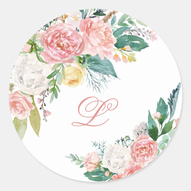 Lovely Pink Peony Monogram Sticker (Front)
