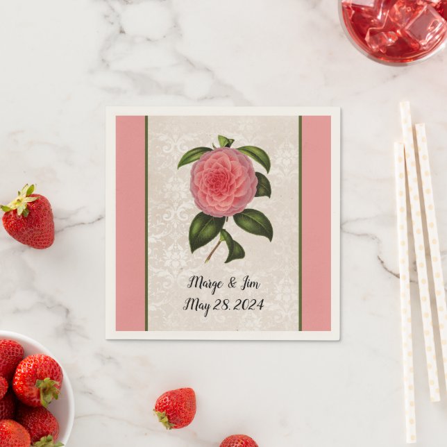 Lovely Pink Peony on Lacey Looking Damask and Name Napkins (Insitu)