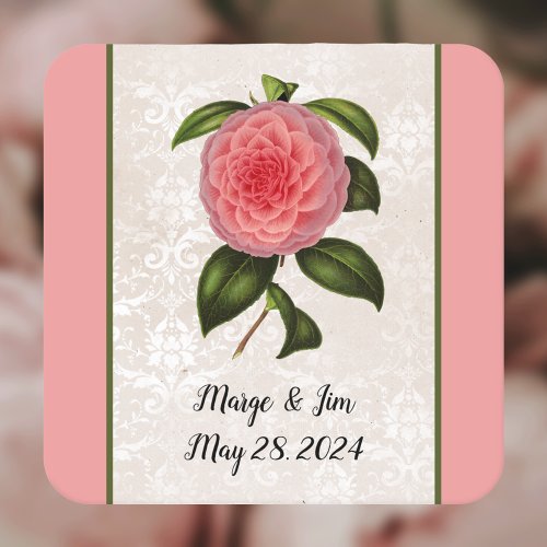 Lovely Pink Peony on Lacey Looking Damask and Name Square Paper Coaster