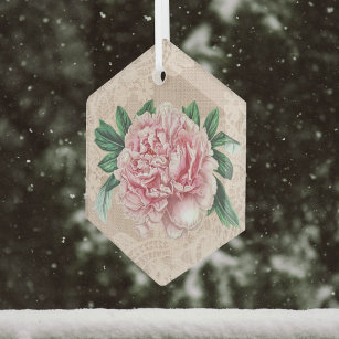 Lovely Pink Peony on Pink Faux Lace Glass Ornament