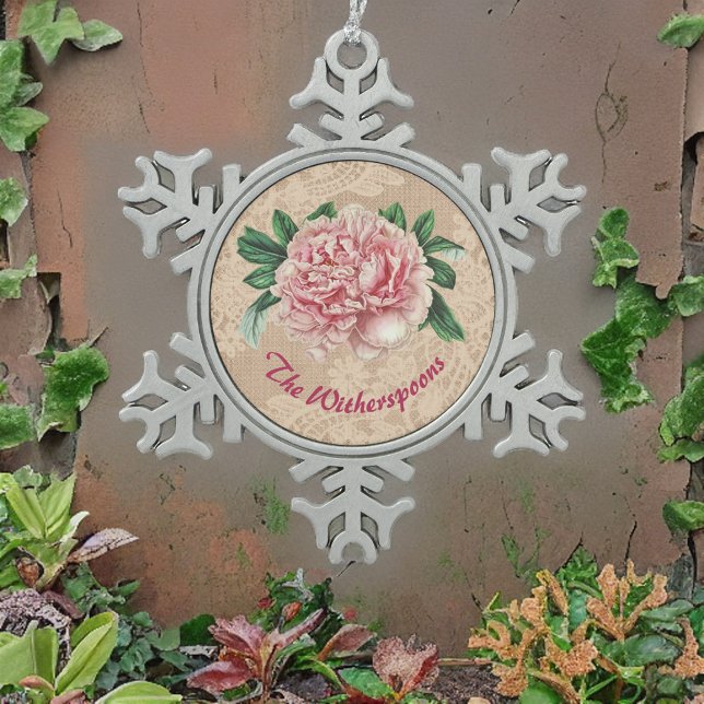 Lovely Pink Peony on Pink Faux Lace Snowflake Pewter Christmas Ornament (Creator Uploaded)