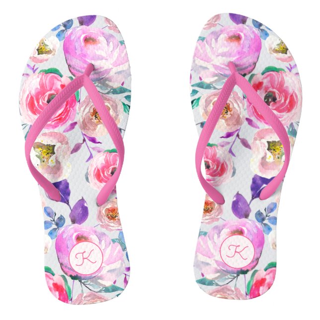 Lovely Pink Purple Floral Watercolor Blooms Flip Flops (Footbed)