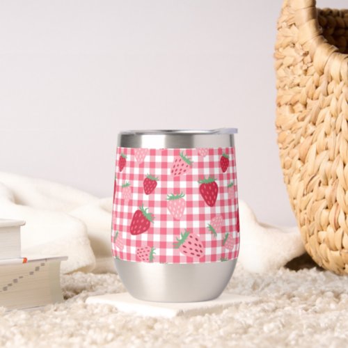 Lovely Pink Red Strawberry Plaid Pattern Thermal Wine Tumbler