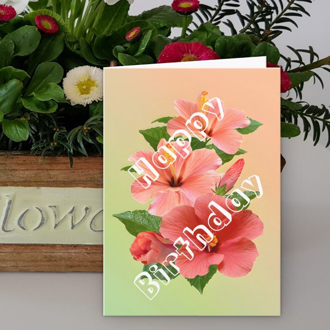 Lovely Pink Red Tropical Hibiscus Flowers Birthday Card (Creator Uploaded)