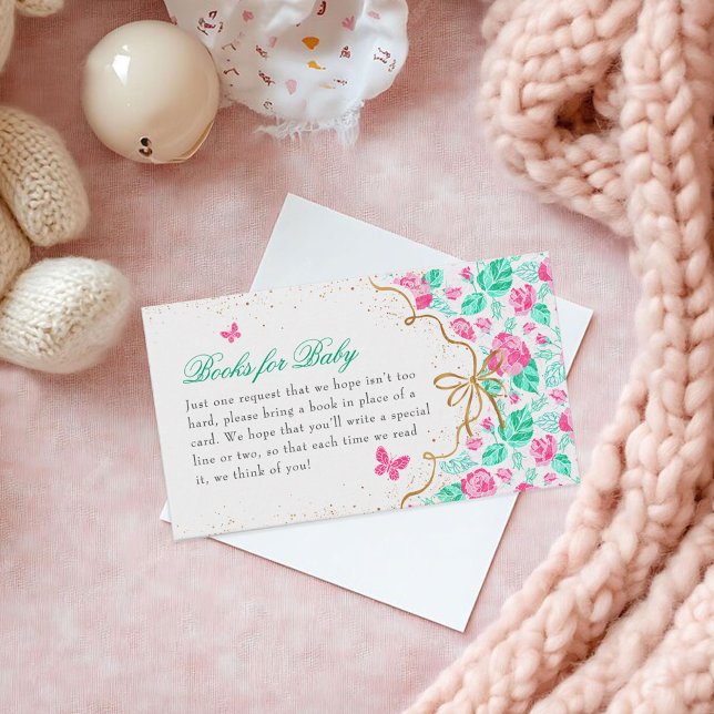Lovely Pink Rose Floral Golden Bow Baby shower Enclosure Card (Creator Uploaded)