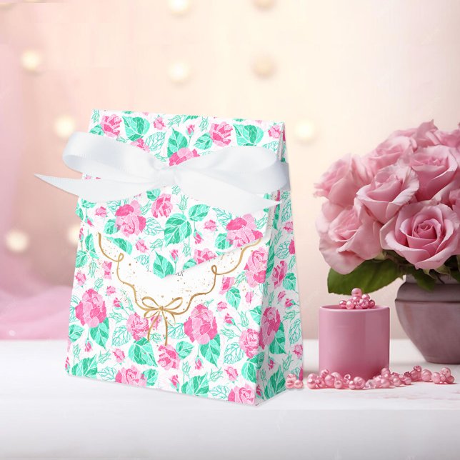 Lovely Pink Rose Floral Golden Bow Baby shower Favor Boxes (Creator Uploaded)