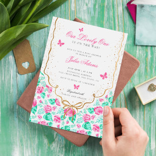Lovely Pink Rose Floral Golden Bow Baby shower Invitation