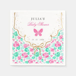 Lovely Pink Rose Floral Golden Bow Baby shower Napkins