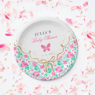 Lovely Pink Rose Floral Golden Bow Baby shower Paper Plates