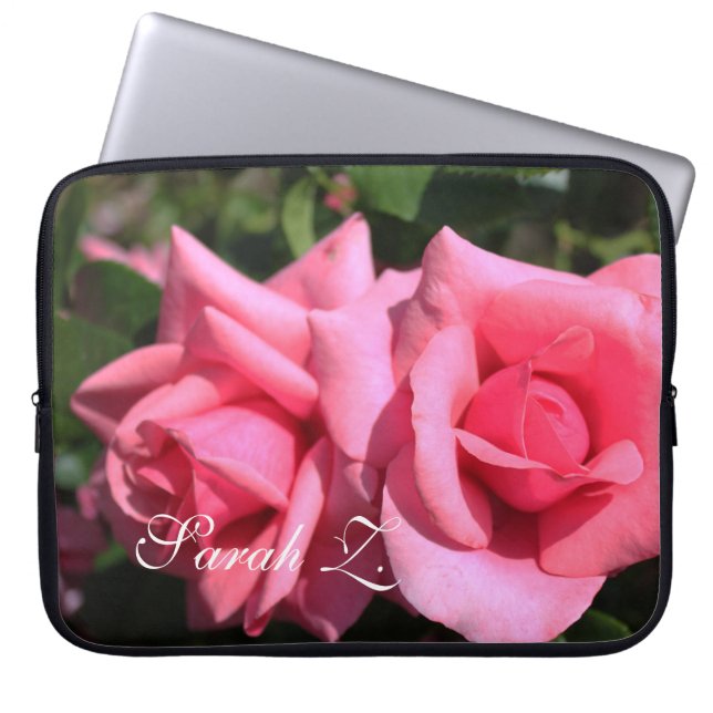 Lovely pink rose flowers laptop case. with name. laptop sleeve (Front)