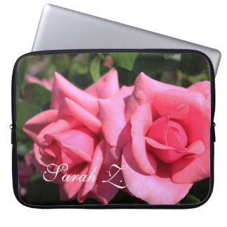 Lovely pink rose flowers laptop case. with name. sleeve