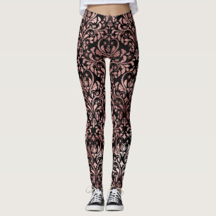 Lovely Pink Rose Gold Damask Black Leggings