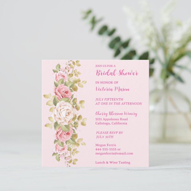 Lovely Pink Roses Bridal Shower Invitation (Standing Front)