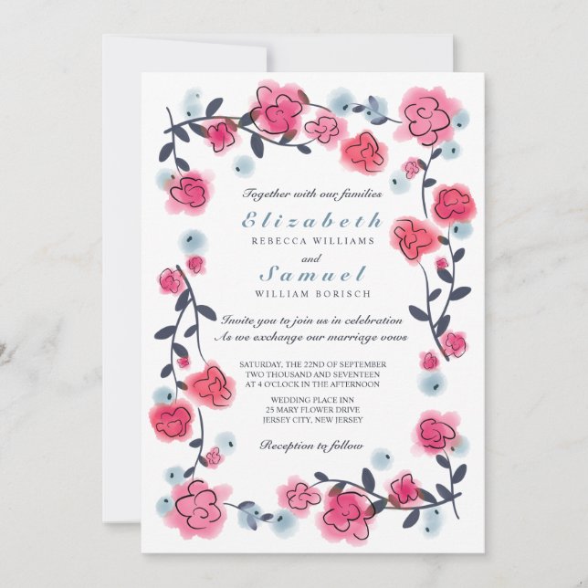 Lovely Pink Roses Watercolor Wedding Invitation (Front)