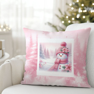 Lovely Pink Snowman Christmas Scene Kids Room  Throw Pillow