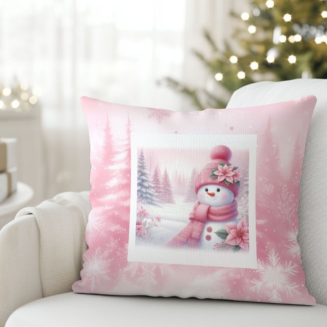 Lovely Pink Snowman Christmas Scene Kids Room  Throw Pillow (Lovely Pink Snowman Christmas Scene Kids Room Pillow

)