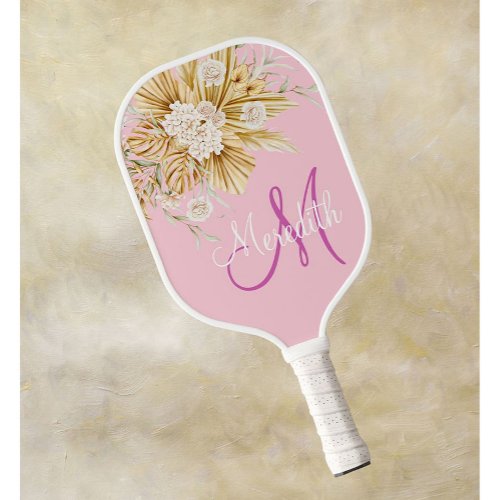 Lovely Pink Soft Pastel Flowers Monogram Name  Pickleball Paddle