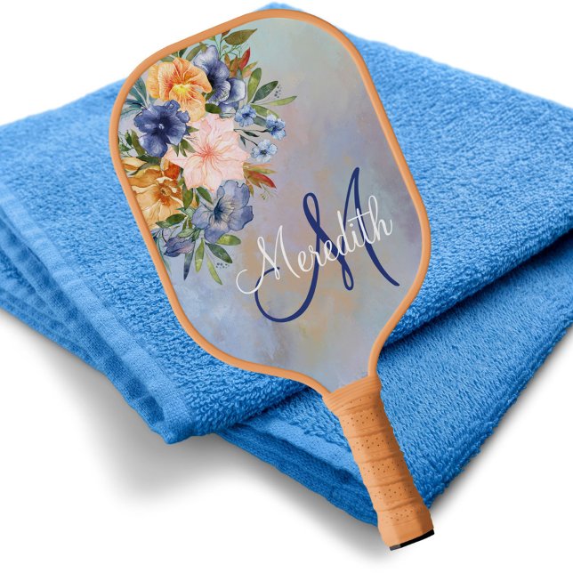 Lovely Pink Soft Pastel Flowers Monogram Name Pickleball Paddle (Creator Uploaded)
