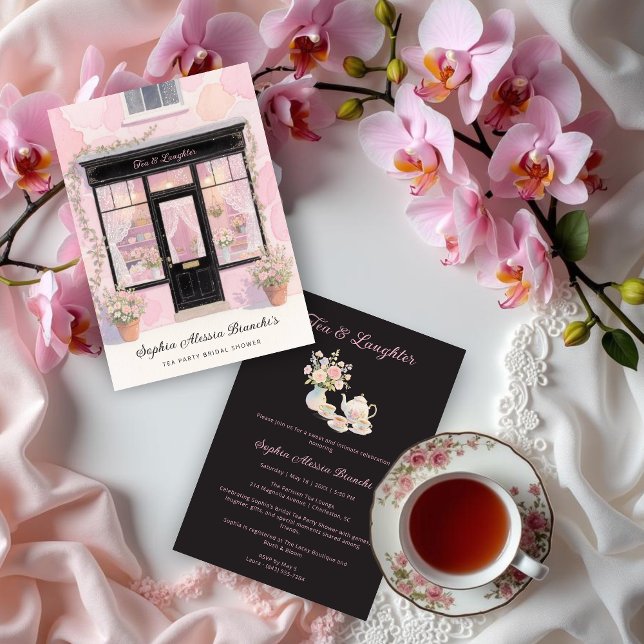 Lovely Pink Vintage Tea Party Bridal Shower  Invitation (Lovely Vintage Tea Party Bridal Shower Cards in Pastel Pink and Black Invitation Cards. )