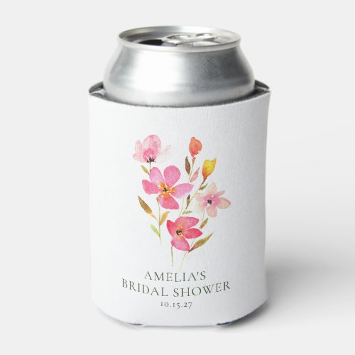 Lovely Pink Watercolor Floral Bridal Shower Can Cooler