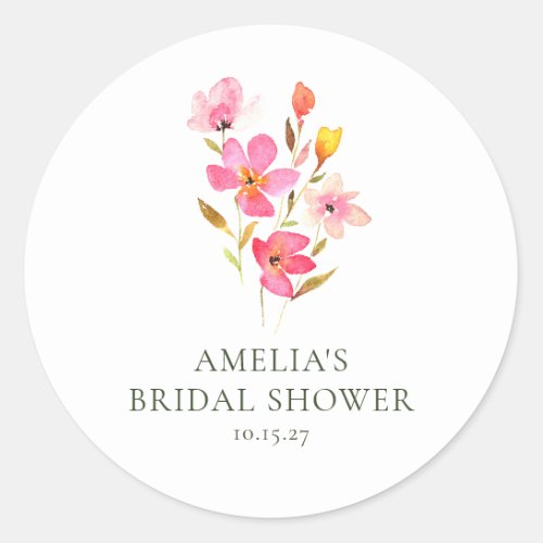 Lovely Pink Watercolor Floral Bridal Shower Classic Round Sticker